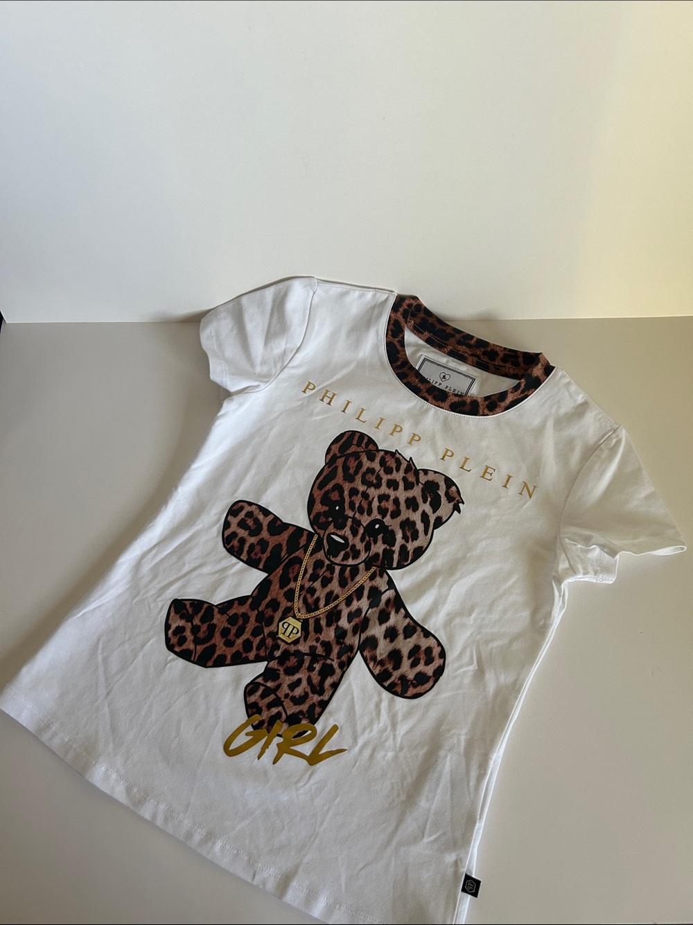 Philipp Plein Girls' White Tee with Leopard Teddy Graphic